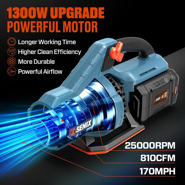 SENIX Leaf Blower Cordless, 60V Max 1300W Brushless Electric Leaf Blowers, 810 CFM & 170 MPH, Stepless Speed, Cruise Control, 60V 4.0Ah Battery & Charger Included,Blowers for Lawn Care, Yard, Garden 1949