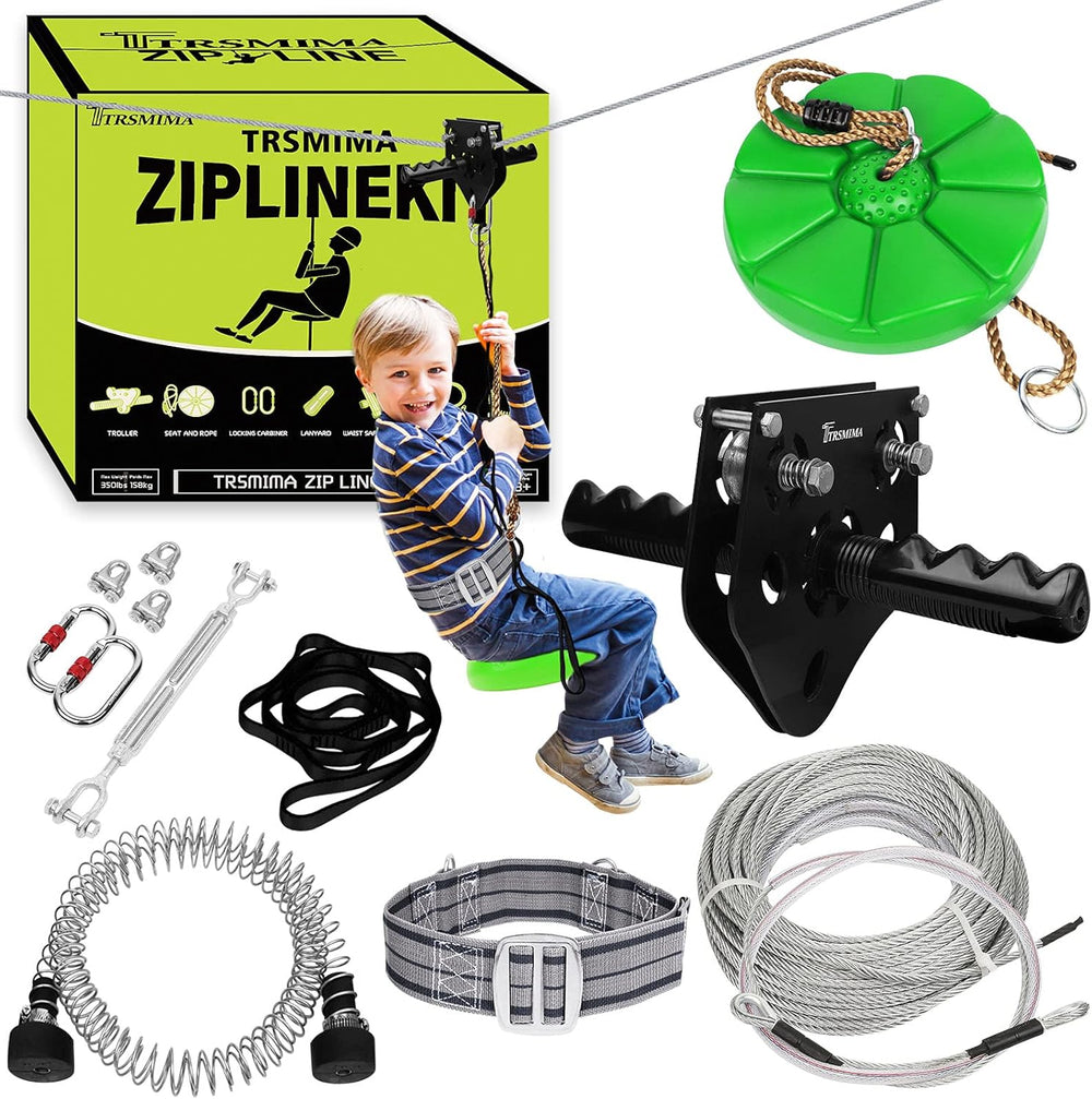 100 ft /120 ft /150 ft/180ft Zip Line Kit for Kids and Adult Up to 380 lb - Updated Removable Design Trolley and Thickened Seat, Rust Proof W/Safety Harness - Zipline Kits for Backyard 1328