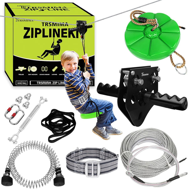 100 ft /120 ft /150 ft/180ft Zip Line Kit for Kids and Adult Up to 380 lb - Updated Removable Design Trolley and Thickened Seat, Rust Proof W/Safety Harness - Zipline Kits for Backyard 1328