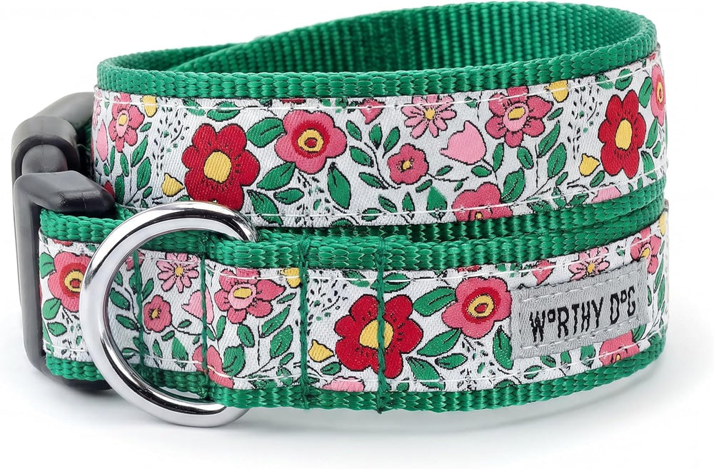 THE WORTHY DOG Adjustable Dog Collar for Medium Dogs, Durable Nylon Webbing, Quick Release Buckle, Spring Garden Floral Pattern, Coral, Medium -F6 - 1811