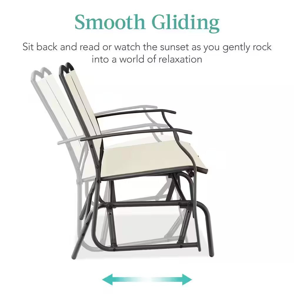 Ivory/Gray 2-Person Metal Outdoor Glider, Patio Loveseat, Fabric Bench Rocker for Porch with Armrests -H7-0107