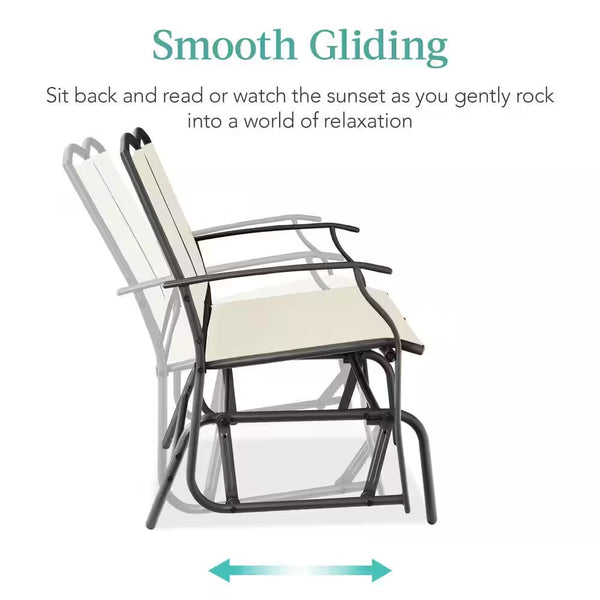 Ivory/Gray 2-Person Metal Outdoor Glider, Patio Loveseat, Fabric Bench Rocker for Porch with Armrests -H7-0107
