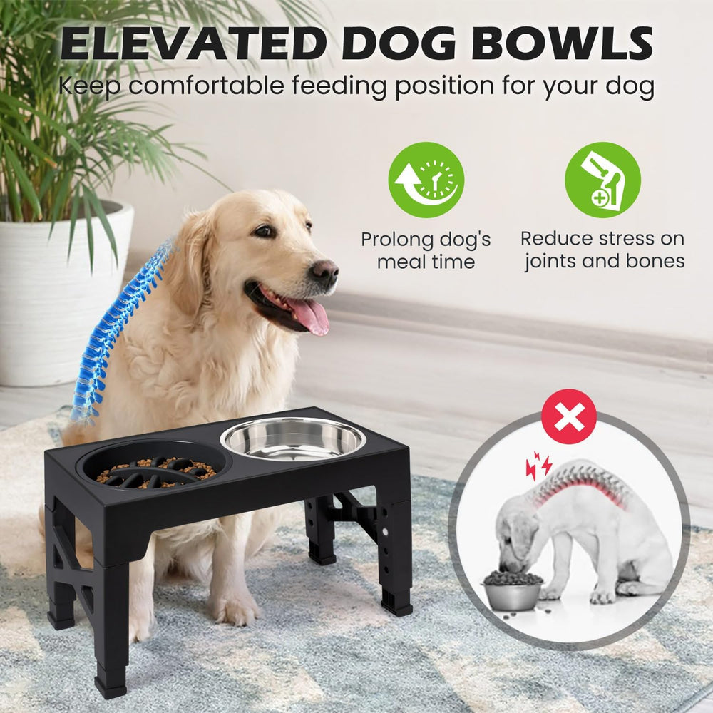 Heeyoo Elevated Dog Bowls - 5 Adjustable Heights Stand, 2 Stainless Steel Bowls & 1 Slow Feeder, 3.2" to 12.2" for Small to Large Dogs -K9-1643