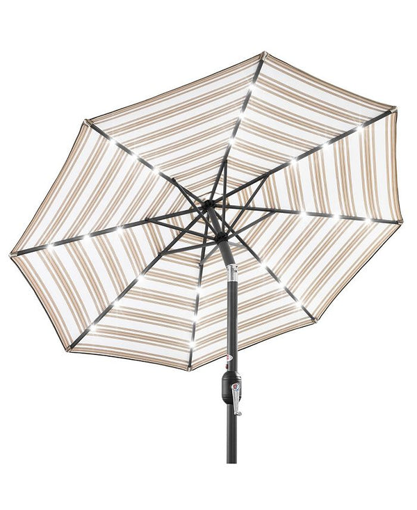 Best Choice Products 10ft Solar LED Lighted Striped Patio Umbrella w/ Crank, Tilt, Push Button, 6 Ribs - Brown -L3-0349
