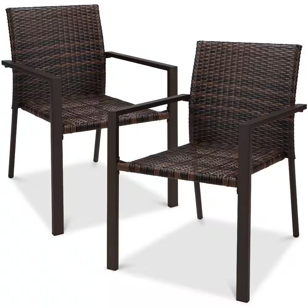 Stackable Brown Wicker Chairs with Armrests, Steel Conversation Accent Furniture for Patio (Set of 2) - D4 - 493