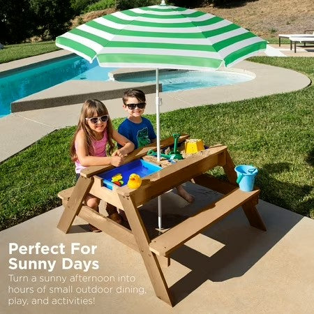 Best Choice Products Kids 3-in-1 Outdoor Convertible Activity Sand & Water Picnic Table w/ Umbrella - Green -L3-0030