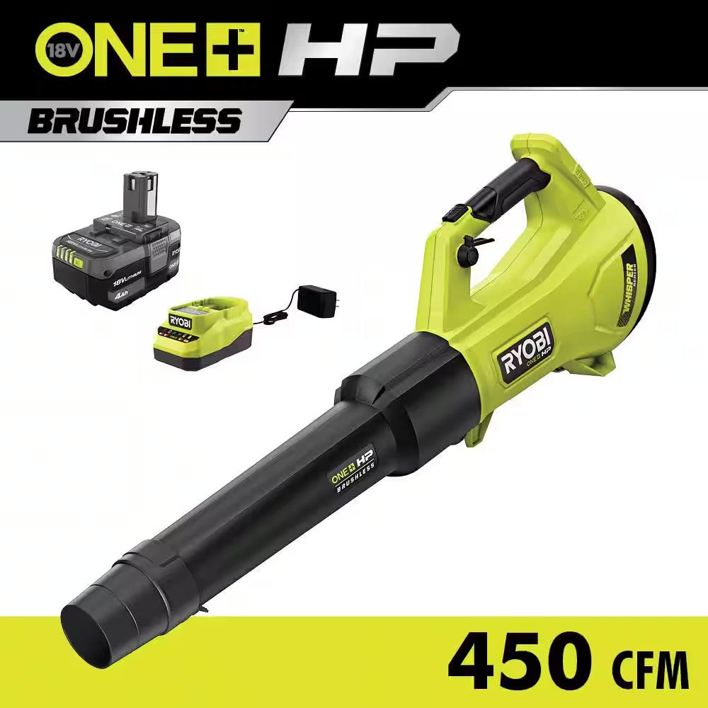 ONE+ HP 18V Brushless Whisper Series 130 MPH 450 CFM Cordless Battery Leaf Blower with 4.0 Ah Battery and Charger - 352