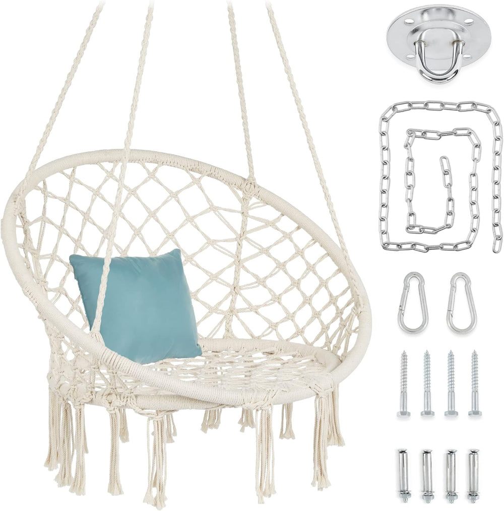Best Choice Products Macram  Hanging Chair, Handwoven Cotton Hammock Swing for Indoor & Outdoor Use w/Mounting Hardware, Backrest, 265lb Capacity - Beige - 1611