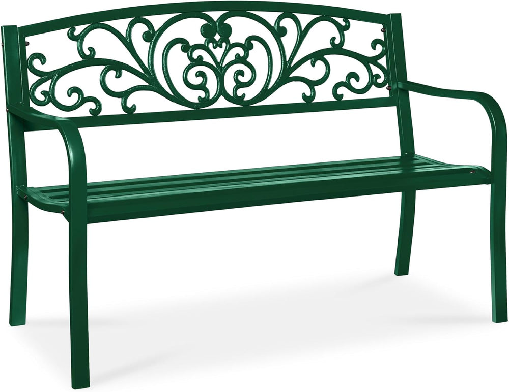 Steel Garden Patio Bench w/ Floral Backrest — Dark Green — H58