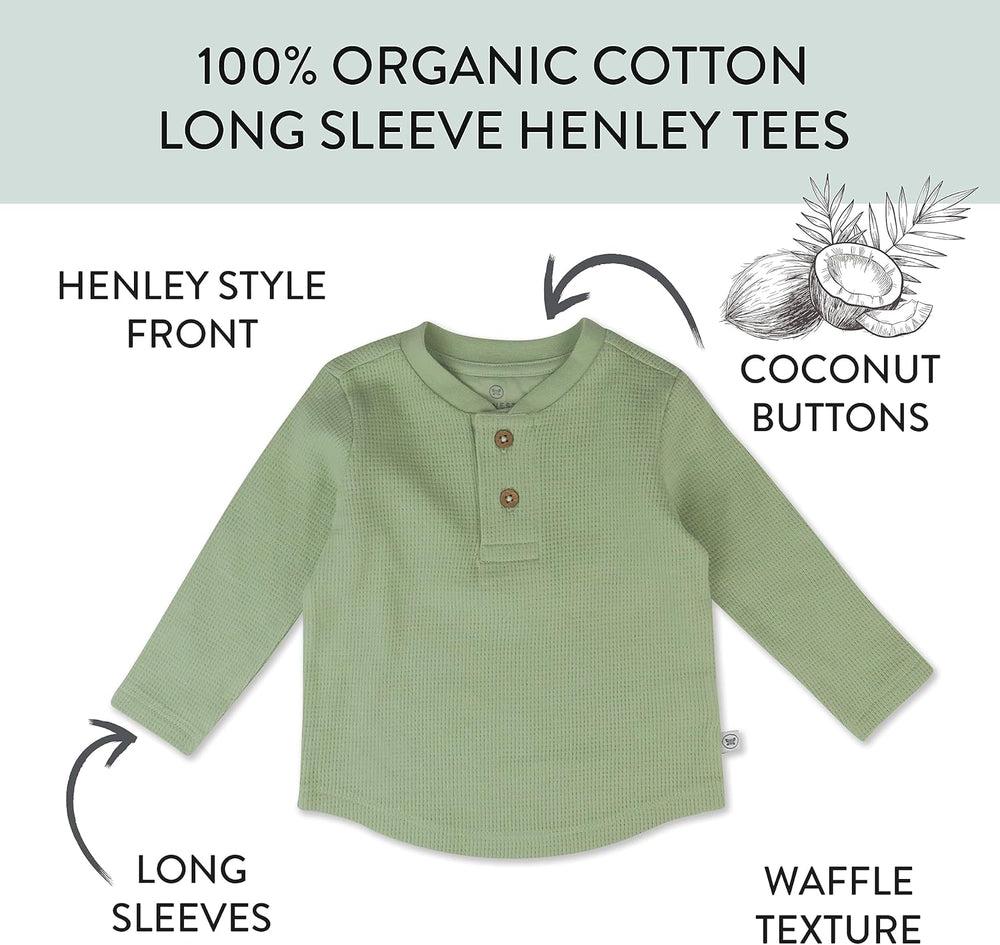 HonestBaby Boys' Baby Toddler & Kid Waffle Henley 100% Organic Long Sleeve Shirts (5-Pack) 1343