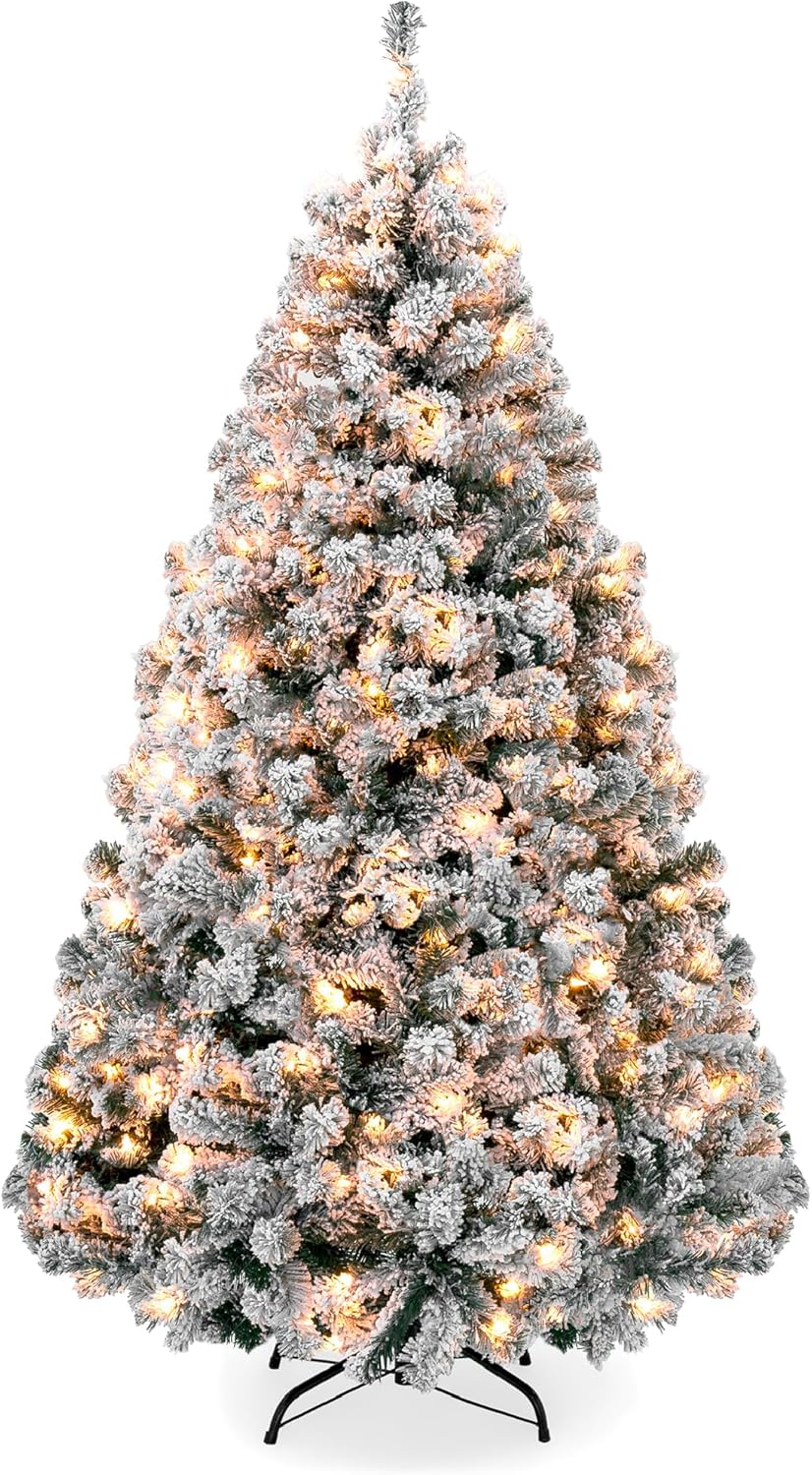 7.5ft Snow-Flocked Pre-Lit Artificial Pine Christmas Tree — H30