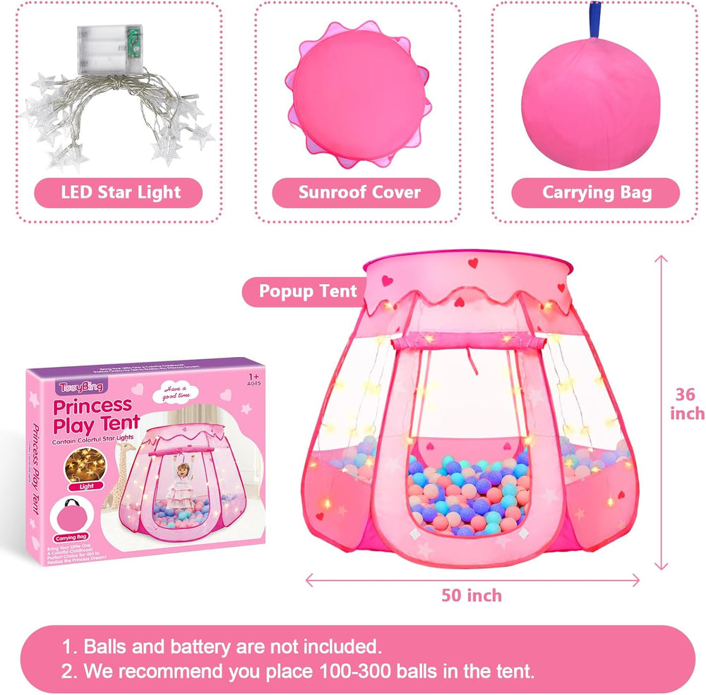 Pop Up Princess Tent with Star Light, Toys for 2 3 Year Old Girl Birthday Gift, Ball Pit for Baby with 1 Carrying Bag, Foldable Kids Play Tent for Toddlers, Two Year Old Girl Toy Indoor Outdoor 1379