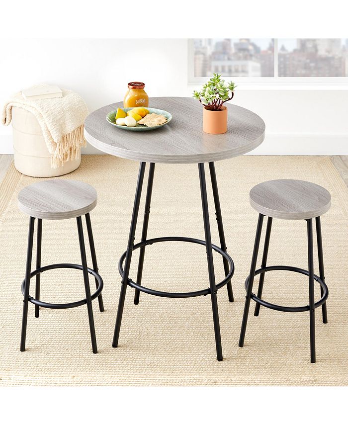 3-Piece Bistro Set, Modern Round Counter Height Dining Set w/ 2 Stools, Metal Frame - Gray - 312