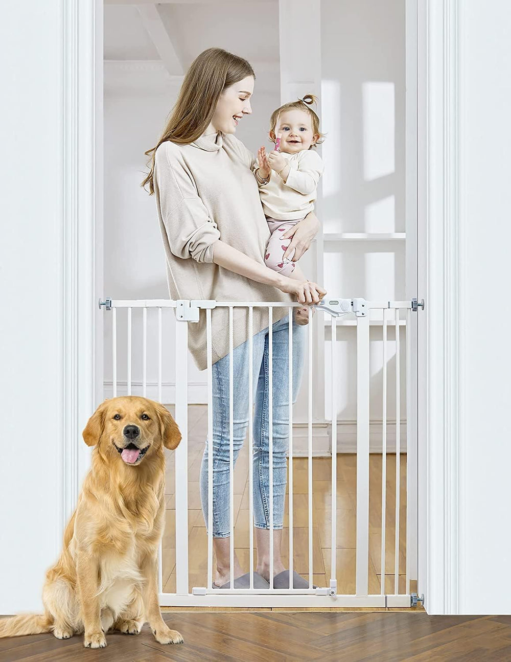 InnoTruth 29-39.6 Baby Gate for Stairs,36" Extra Tall Dog Gate for The House,Dual-Lock Safety and One Hand Opening Design,Kid Gate for Doorways,Kitchen,Room,Wall-Friendly Pressure Mounted, Pure White - J130