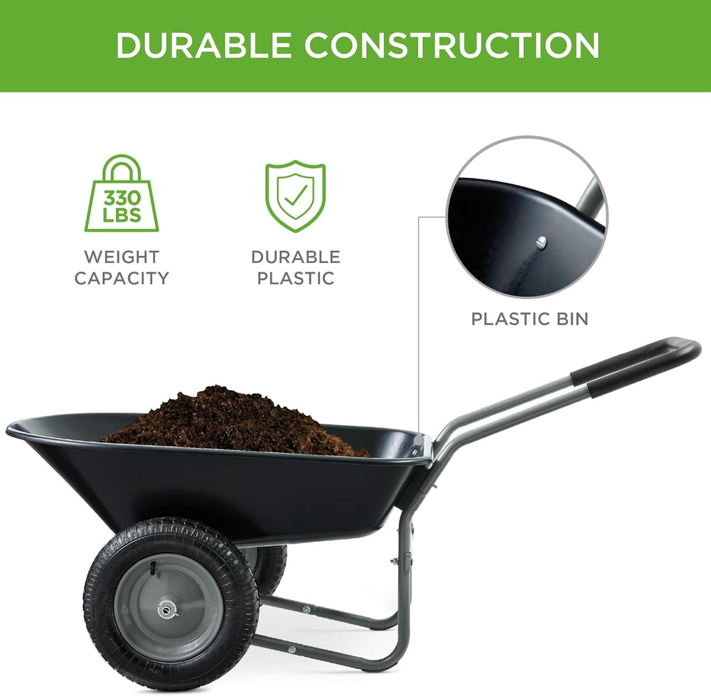 Best Choice Products Dual-Wheel Home Utility Yard Wheelbarrow Garden Cart w/Built-in Stand for Lawn, Gardening, Construction - Black 1484 -D1-0422