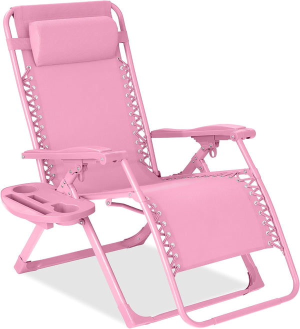 Adjustable Zero Gravity Chair, Monochromatic Color Folding Patio Recliner w/Side Tray, Headrest - Carnation - J140