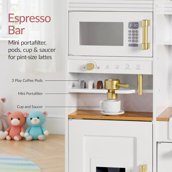 Best Choice Products Toddler Kitchen Playset with Pretend Play Espresso Machine, Interactive Wooden Kids Play Kitchen Equipped with Toy Storage and 17 Accessories - White - G7 - 960
