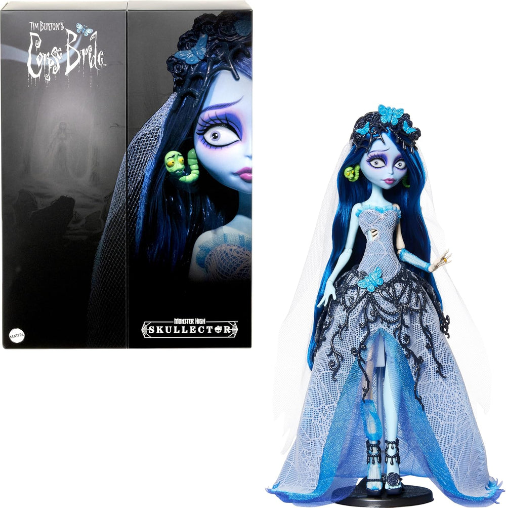 Monster High Skullector Doll, Corpse Bride Emily Collectible in Gothic Spiderweb Wedding Dress with Accessories Like Gauze Veil and Doll Stand - J11