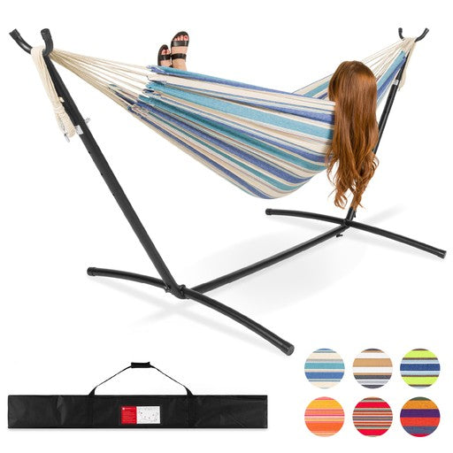 2-Person Brazilian-Style Cotton Double Hammock with Stand Set W/ Carrying Bag 227