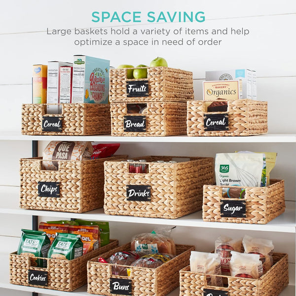 Best Choice Products Set of 4 9x12in Water Hyacinth Pantry Baskets, Woven Organizers w/Chalkboard Label, Chalk Marker - Natural - B2 - 1039