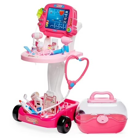 Best Choice Products Play Doctor Kit for Kids, Pretend Medical Station Set with Carrying Case, Mobile Cart - Pink -G1-1591