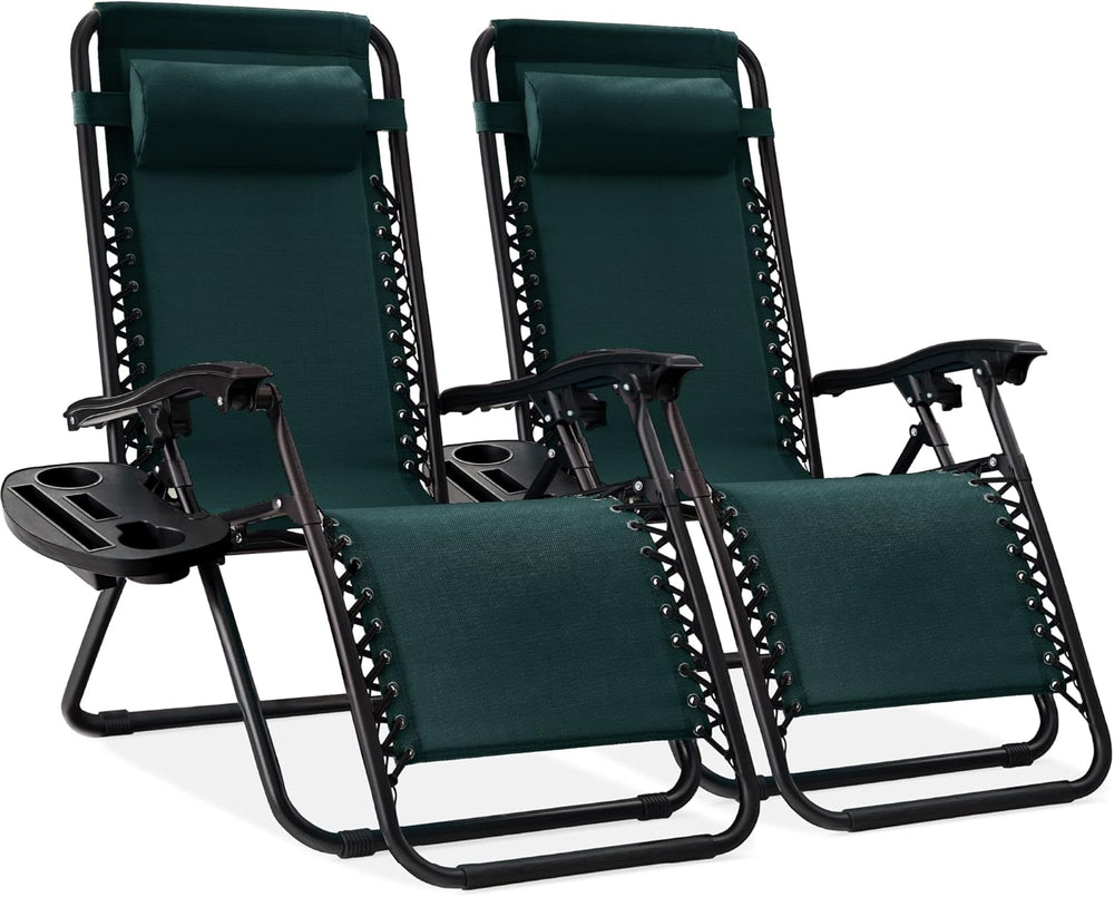Set of 2 Adjustable Steel Mesh Zero Gravity Lounge Chair Recliners w/Pillows and Cup Holder Trays - Forest Green 1226
