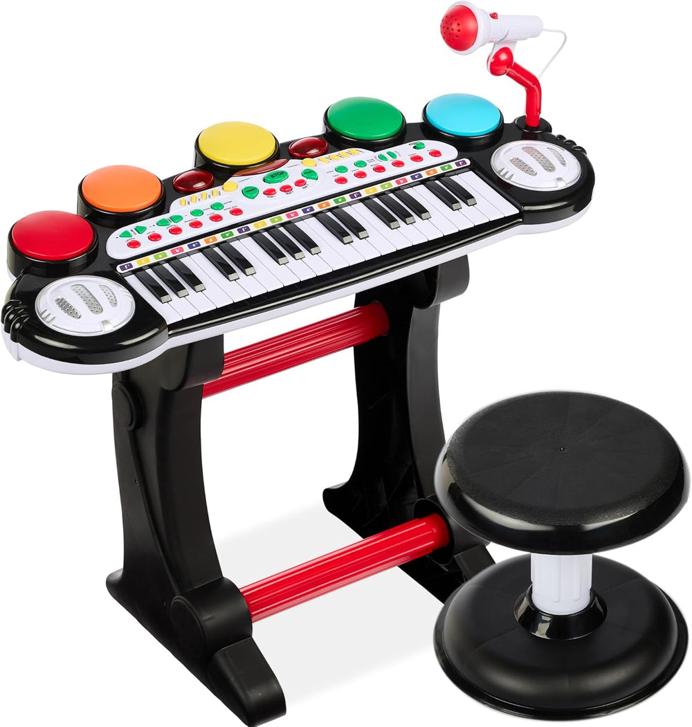 37-Key Kids Electronic Musical Instrument Piano Learning Toy Keyboard w/ Multiple Sounds, Lights, Microphone, Stool - Black 664