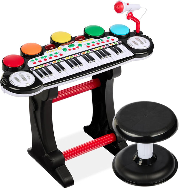 37-Key Kids Electronic Musical Instrument Piano Learning Toy Keyboard w/ Multiple Sounds, Lights, Microphone, Stool - Black 664