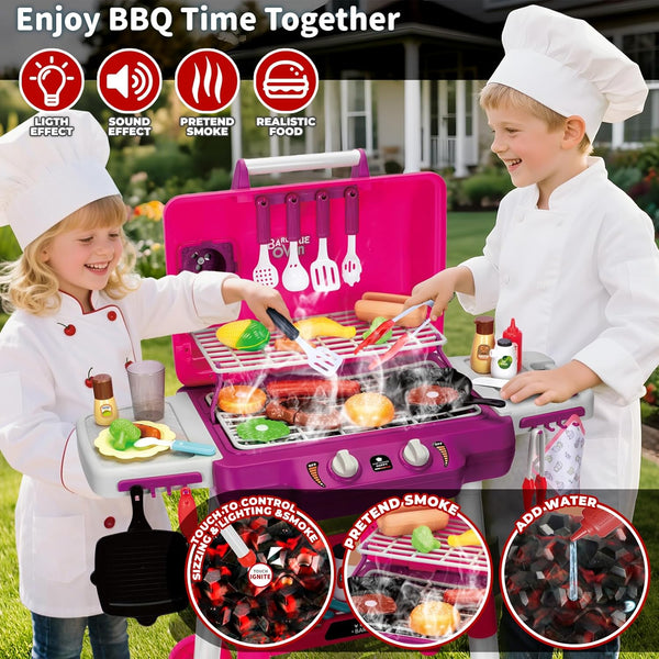 Kids Kitchen Toy Set, Kids BBQ Grill Playset with Smoke Sound Light, 2-Layer Barbecue Toy with Wheel, Simulation Cooking Interactive Toys, Kid Kitchen Playset, Christmas Birthday Gift for Boys Girls 1289