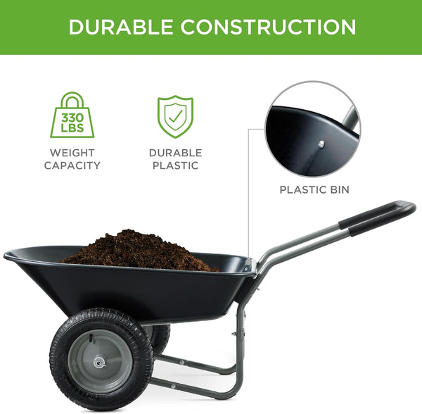 Best Choice Products Dual-Wheel Home Utility Yard Wheelbarrow Garden Cart w/Built-in Stand for Lawn, Gardening, Construction - Black 1484