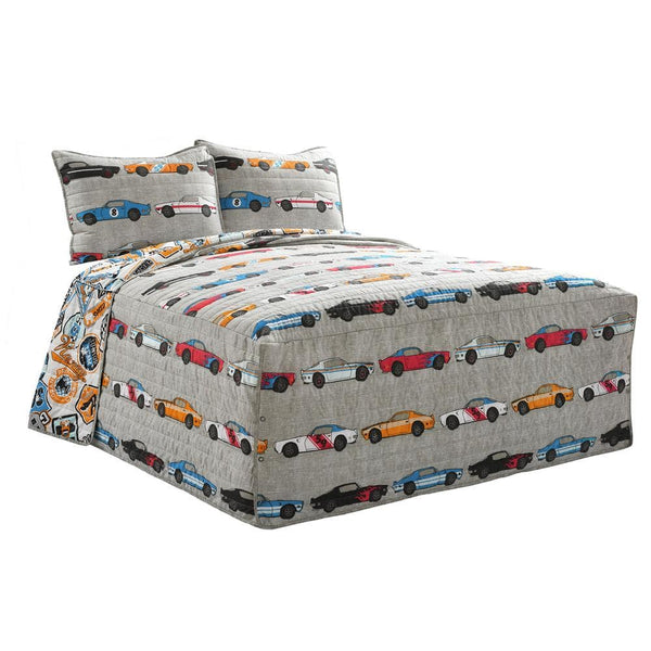 Race Cars Blue/Orange Bedspread Set Full (3-Piece) - B5 - 1402