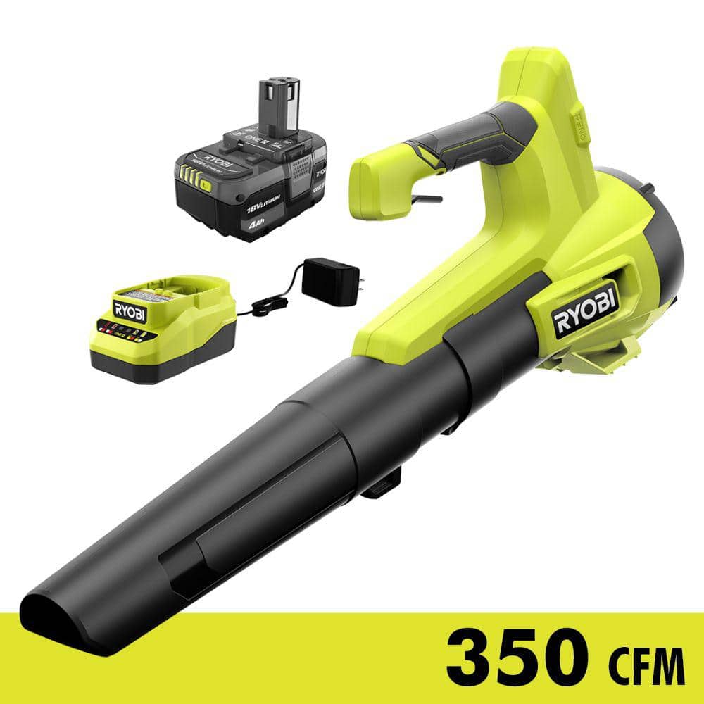 RYOBI ONE+ 18V 100 MPH 350 CFM Cordless Battery Variable Speed Jet Fan Leaf Blower with 4.0 Ah Battery and Charger 811
