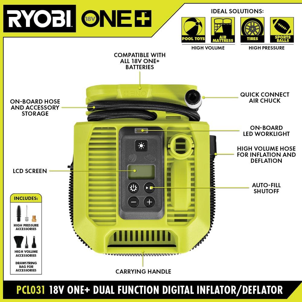 RYOBI ONE+ 18V Cordless Dual Function Inflator/Deflator(Tool Only) 1797