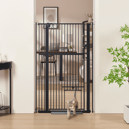 unipaws 56" Tall Baby Gate with Cat Door, 31-37" Wide Pressure Mounted Dog Gate for Stair Doorway, Walk Through Pet Gate, Black - H10 - 220
